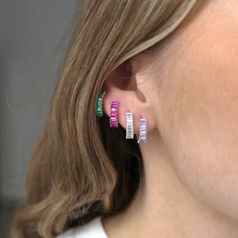 2PCS Stainless Steel Circle Hoop Earrings Colourful Zircon Crystal