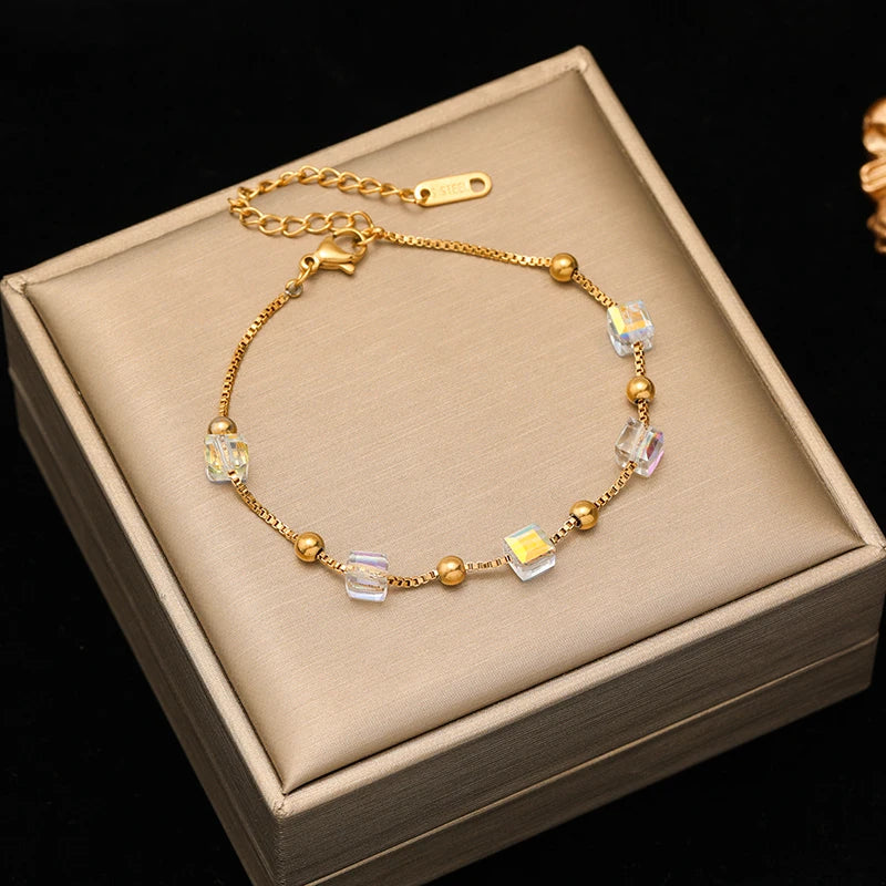 Colored Transparent Stone Stainless Steel Bracelet Exquisite Thin Chain