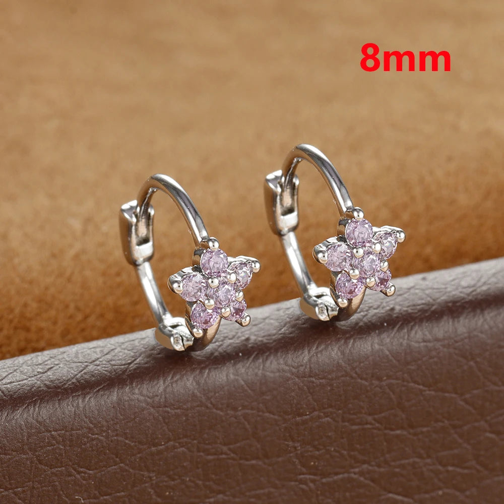 2PCS Huggies Hoop Earrings Stainless Steel Crystal Zirconia Flower