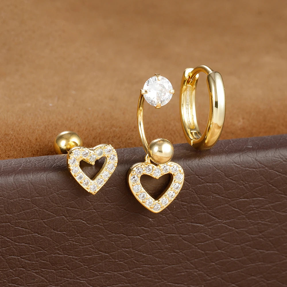 3pcs Stainless Steel Zircon Huggie Hoop Earrings Set Star Moon