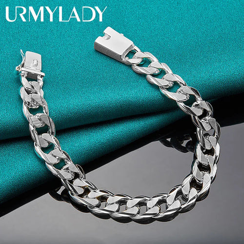 10mm Side Chain Bracelet 925 Sterling Silver Men Women Wedding Charm Gift