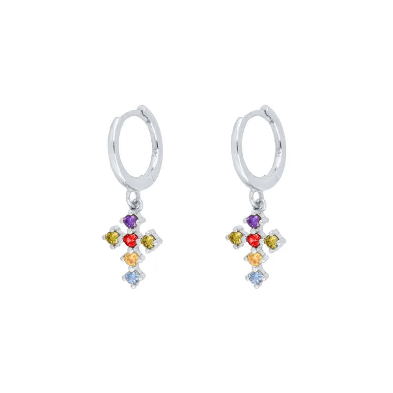 2PCS Pink Zircon Water Drop Chain Link Hanging Earrings Cross Dangle