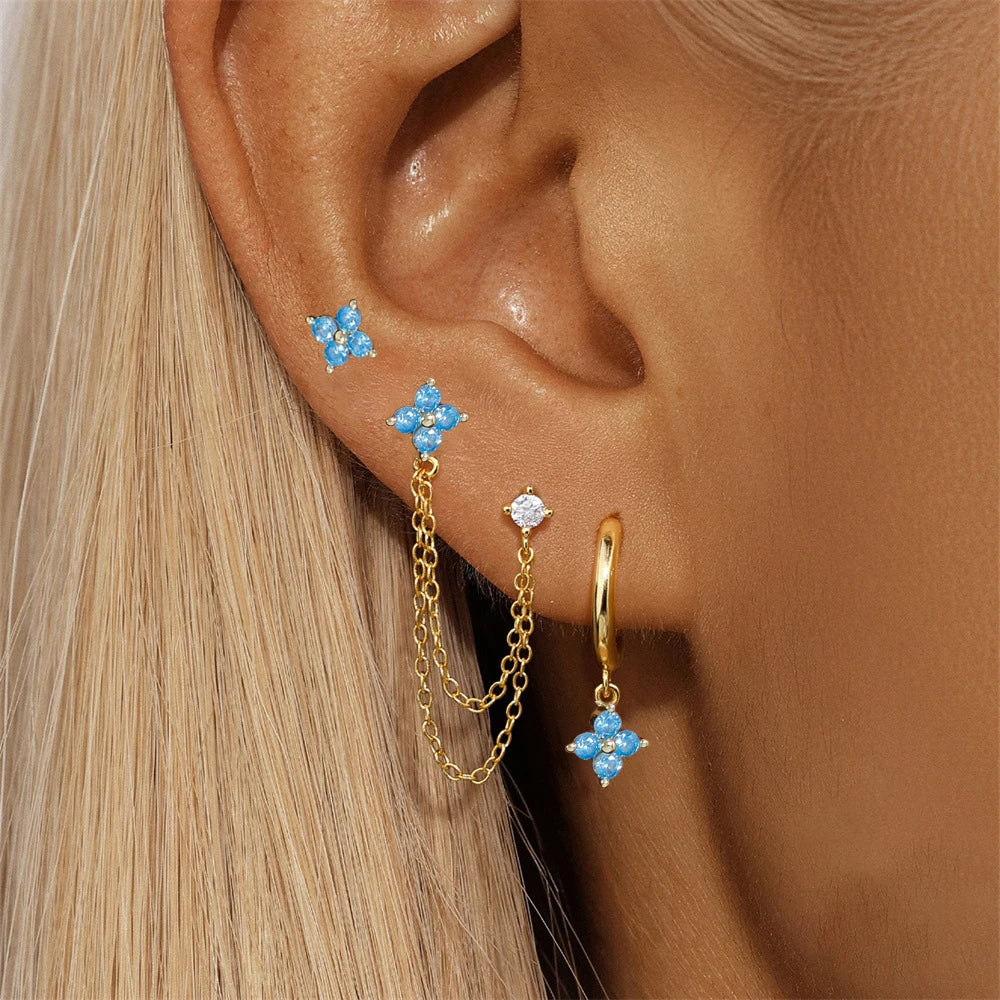 Exquisite Green Zircon Flower Hoop Earrings 18K Gold Plated Steel