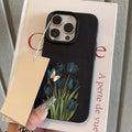 Blue Black Tulip Butterfly Lychee Case for iPhone 17 16 15 14 Pro
