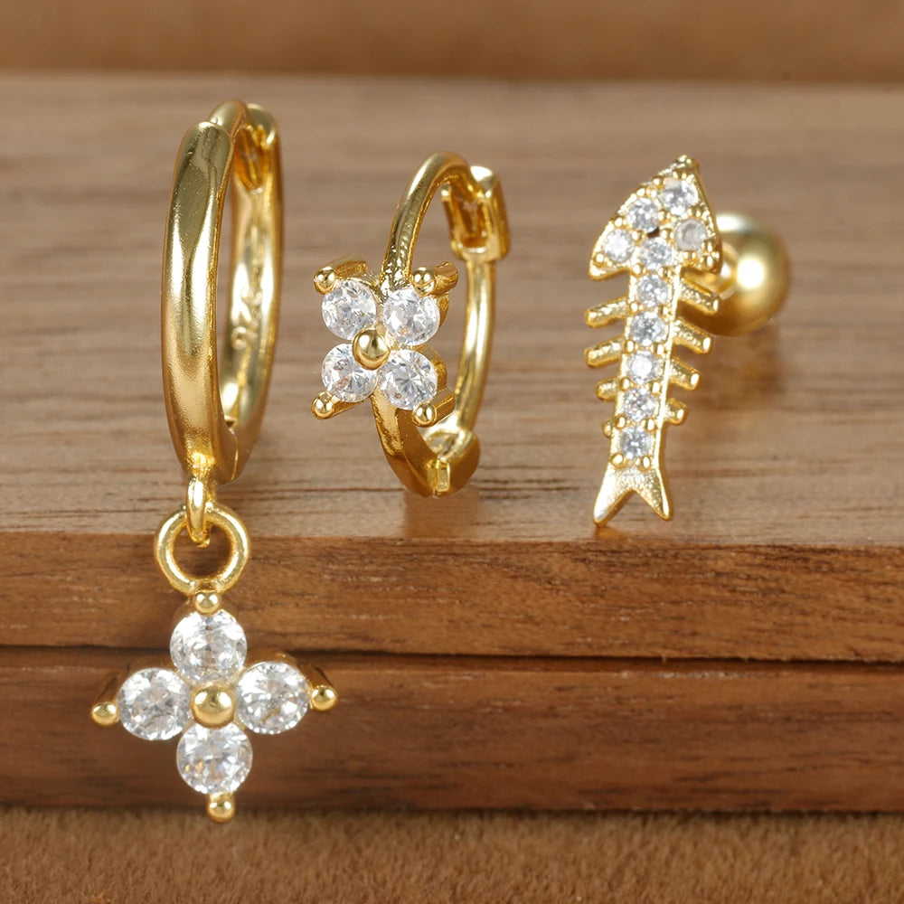 3PCS Four Flower Zircon Little Hoop Earring Star Cartilage Piercing