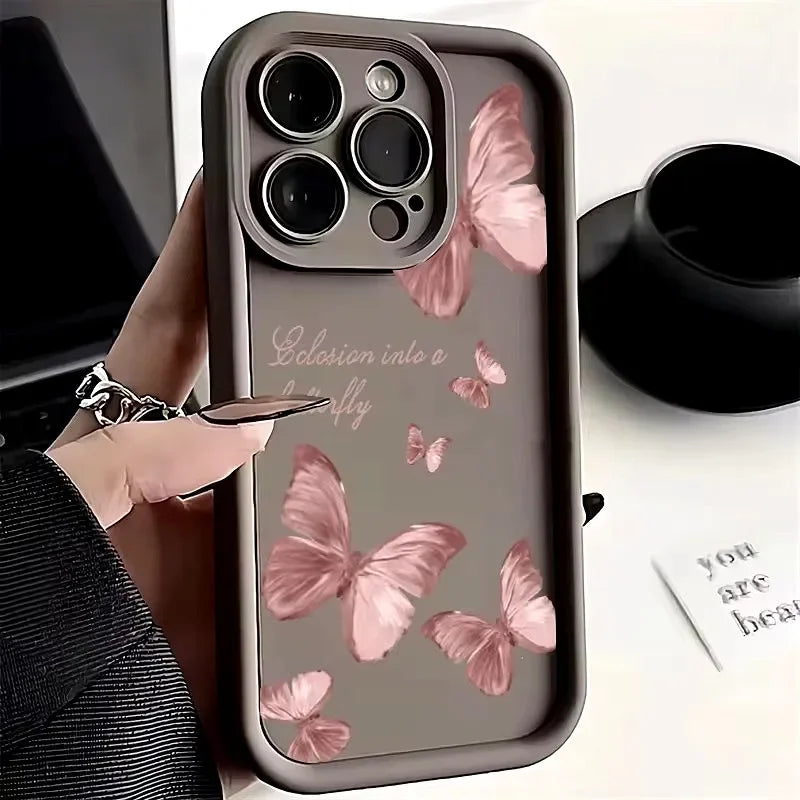 Pink Butterfly Silicone Case for iPhone 17 16 15 14 13 12 11 Pro Max Plus