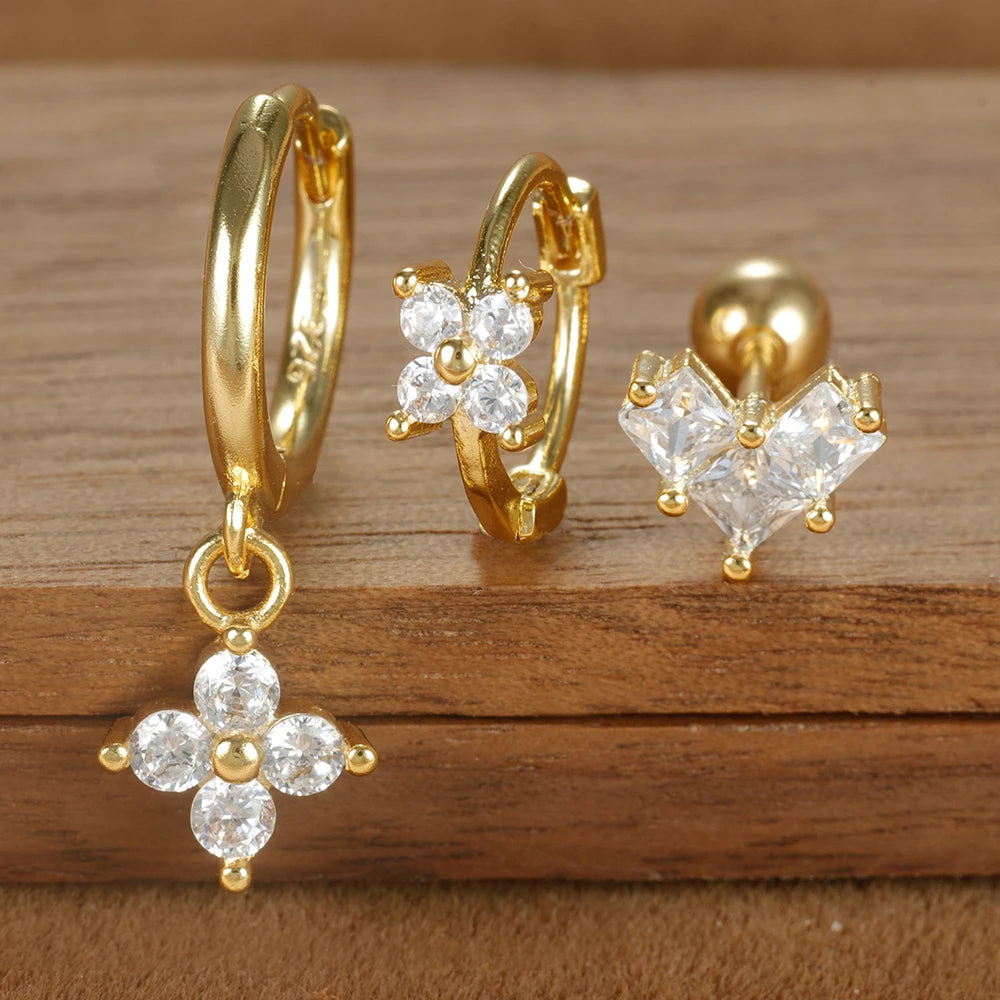 3PCS Four Flower Zircon Little Hoop Earring Star Cartilage Piercing