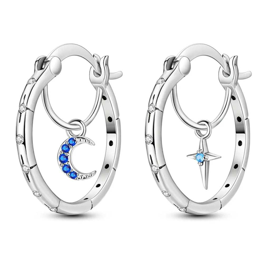 925 Sterling Silver Star Moon Sun Tassel Versatile Hoop Earrings Fine Gift