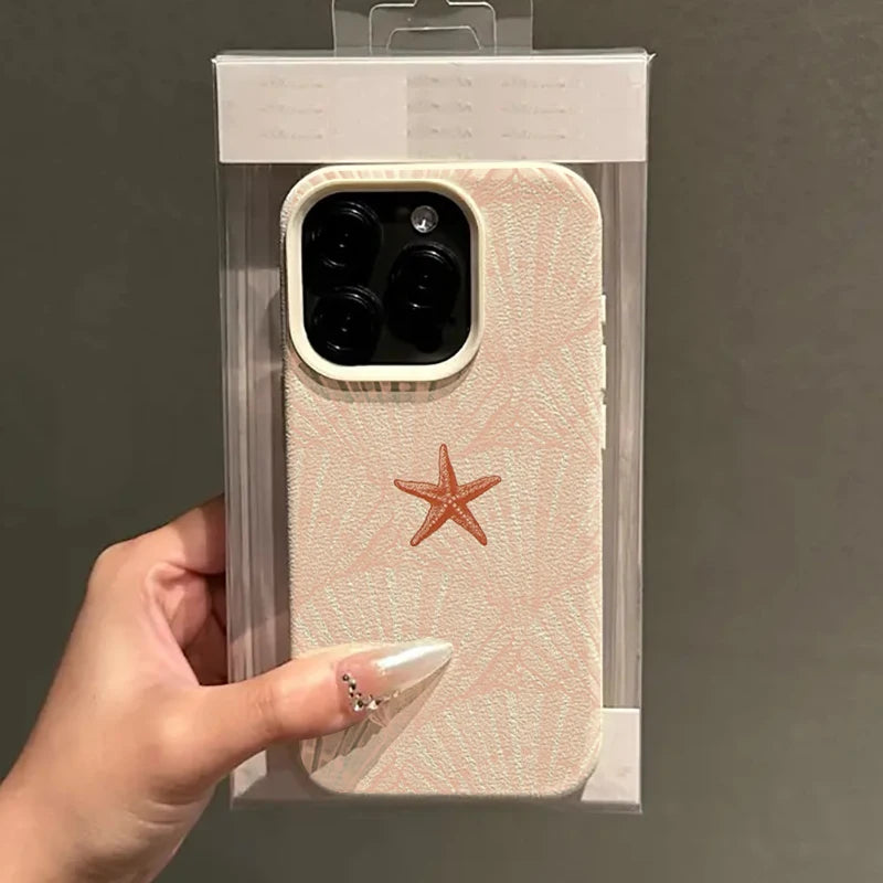 Summer Shell Starfish Lychee Case for iPhone 17 16 15 14 Pro Max