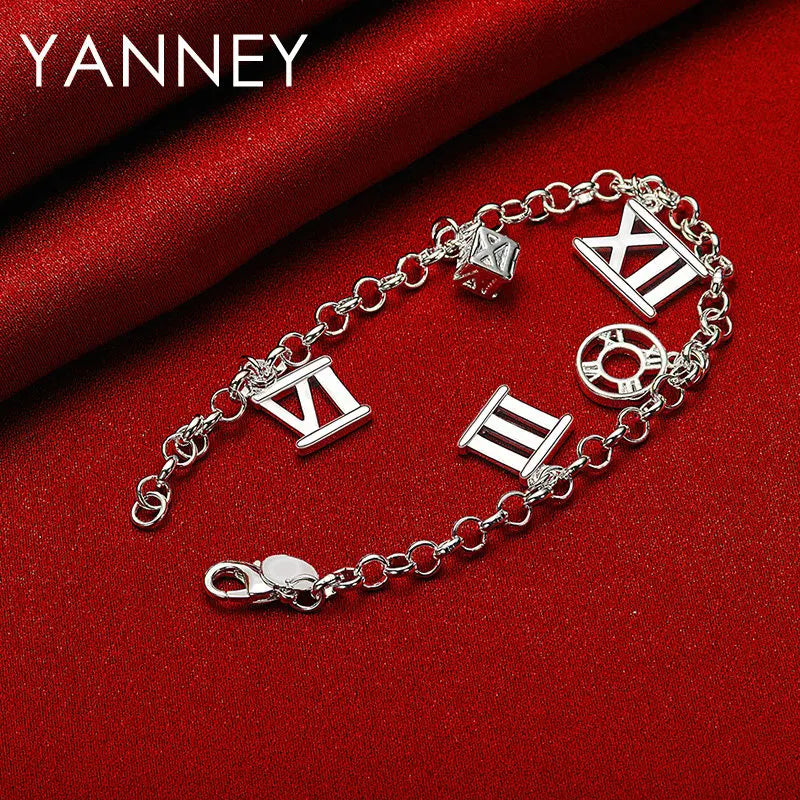 925 Sterling Silver 8-inch Roman Numerals Pendant Bracelet Women Jewellery