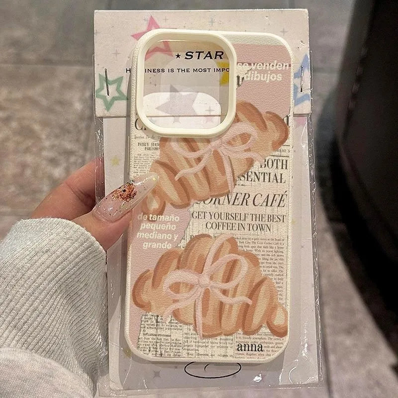 Croissant Newspaper Lychee Case for iPhone 17 16 15 14 13 Pro Max