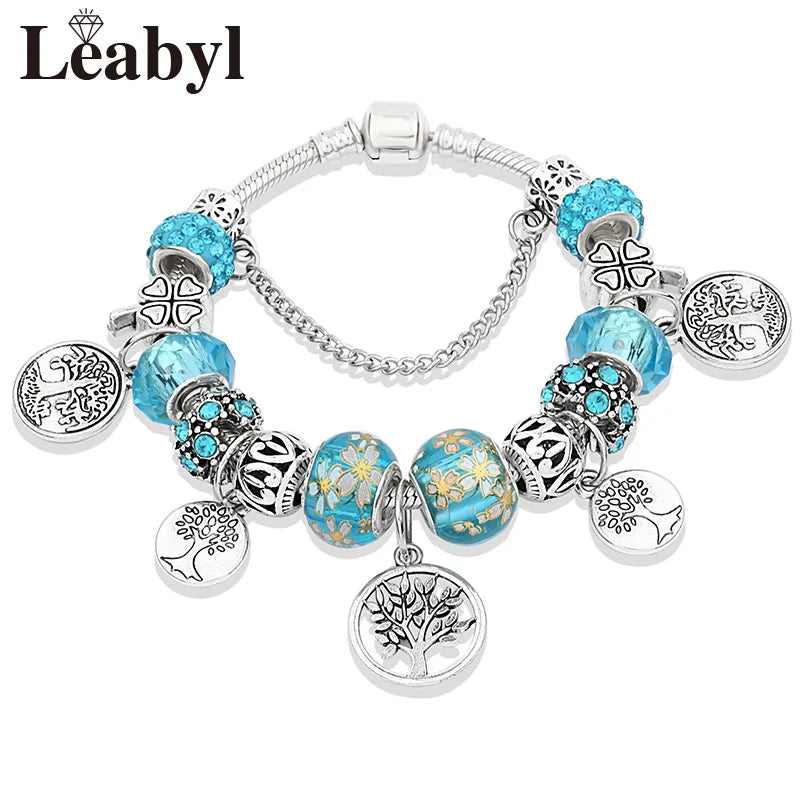 Tibetan Silver Tree of Life Charm Bracelet Green Crystal Flower Bead DIY