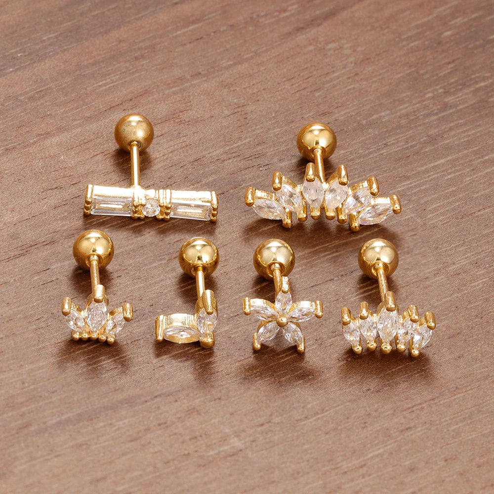 6 Pieces Flower Crown Stainless Steel Zircon Small Stud Earrings