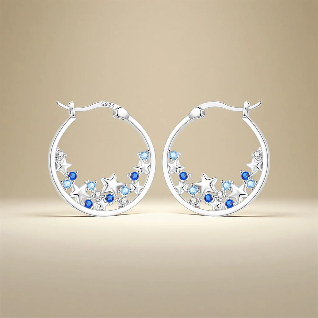 925 Sterling Silver Blue Zircon Starry Sky Hoop Earrings Trendy Jewellery