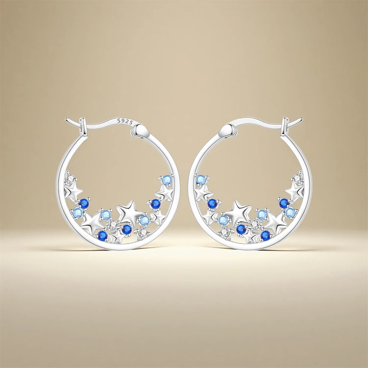 925 Sterling Silver Blue Zircon Starry Sky Hoop Earrings Trendy Jewellery