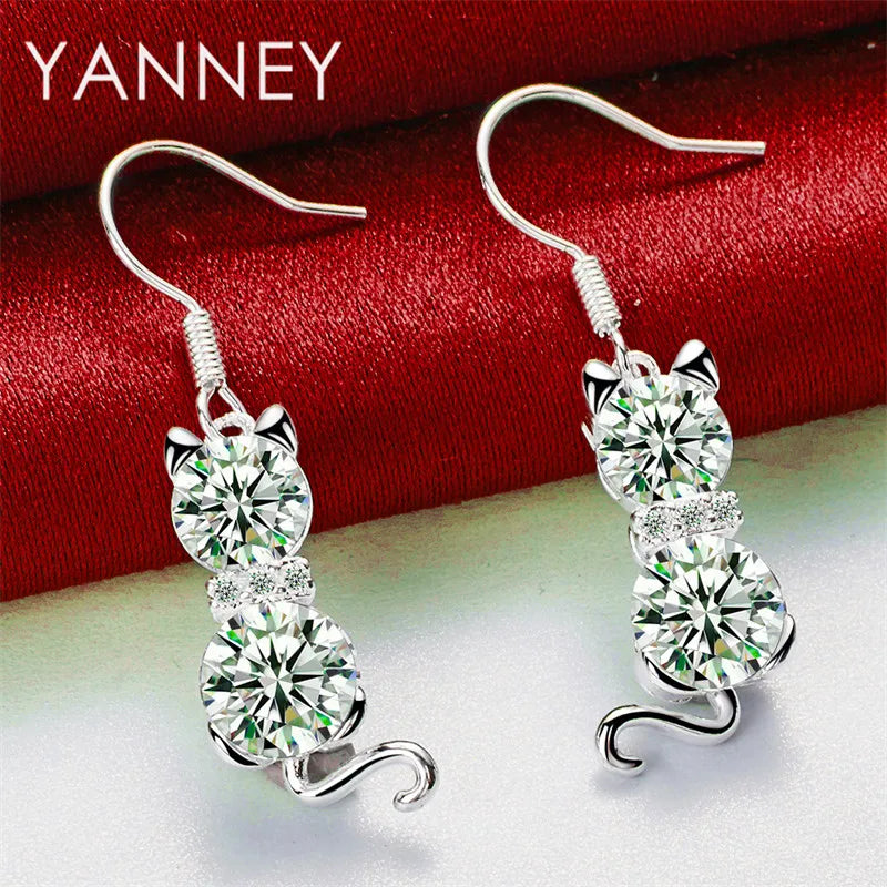 925 Sterling Silver Cute Kitten Zirconia Earrings Women Fashion Wedding Gift
