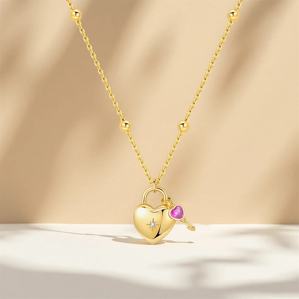 Original 925 Sterling Silver 18K Gold Heart Lock and Key Necklace Y-shaped Chain Necklace For Women Memorial Prayer Jewelry Gift