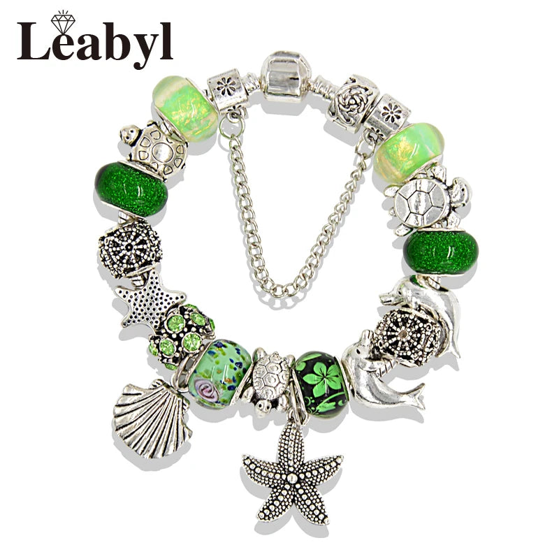 Classic Dolphin Charm Bracelet Blue Murano Crystal Glass DIY Bead Bangle