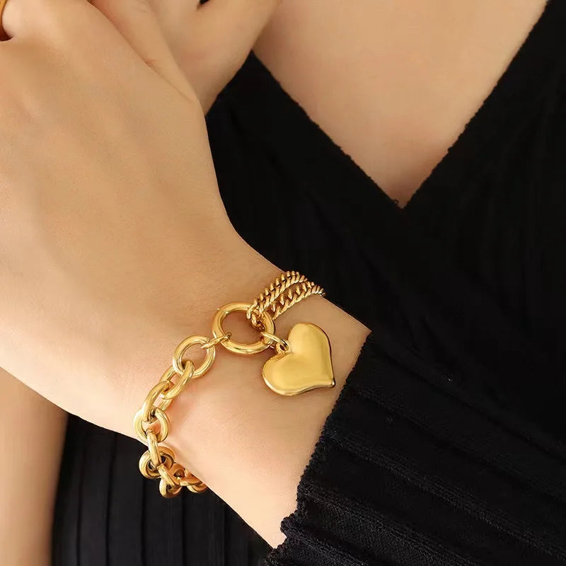 Gold Colour Stainless Steel Charm Bracelet Trendy Textured Jewellery
