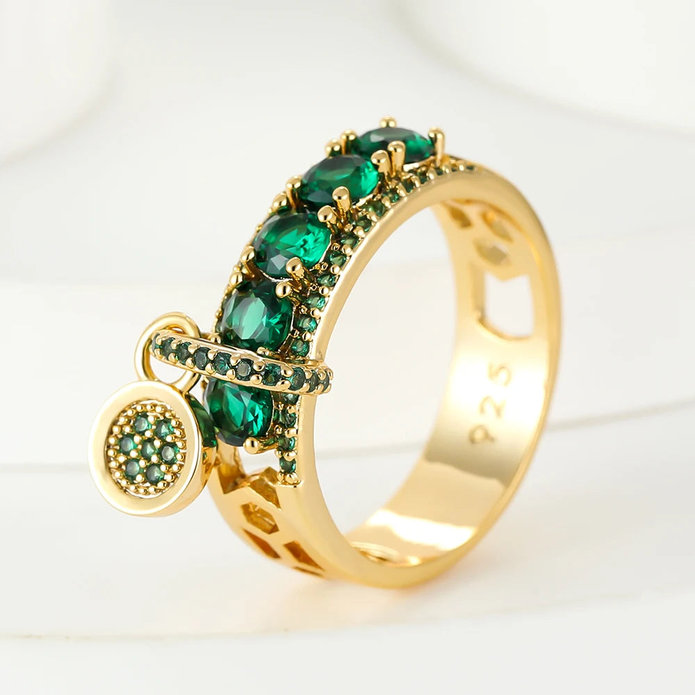 Vintage Female Purple Green Stone Dangle Ring Gold Color Zircon Round Rings For Women Dainty Wedding Bands Christmas Day Jewelry