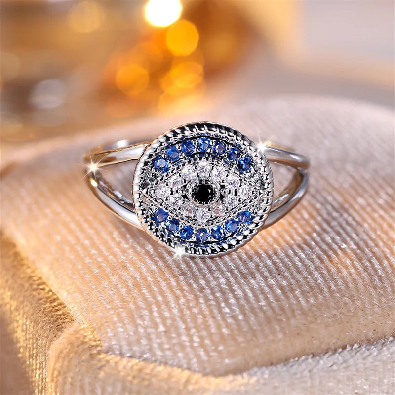 Two Tone Blue White Zircon Single Eye Rings For Women Silver Color Vintage Wedding Bands Promise Engagement Party Jewelry Gifts