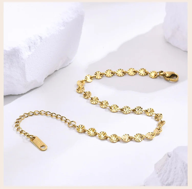 Texture Discs Bracelet Adjustable for Women, Stainless Steel Gold Plated Boho Minimalist Stacking Layered Jewelry