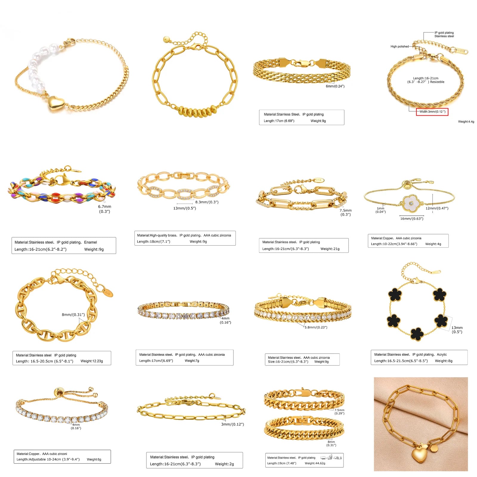6mm Paperclip Chain Bracelet 18k Gold Plated Stainless Steel Link Adjustable Stackable Jewelry for Women Girls Gift