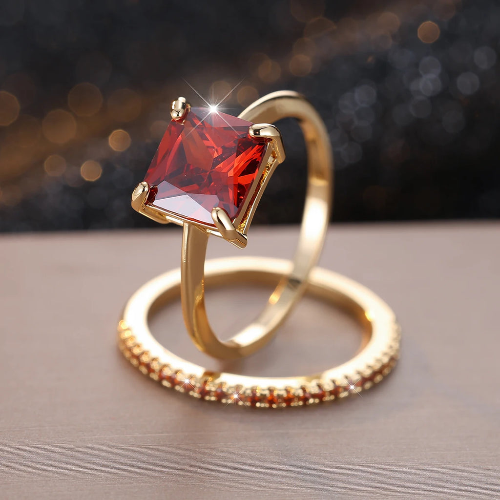 Princess Cut Red Green Stone Square Zircon Bridal Wedding Sets Gold Color Stacking Engagement Rings For Women Mothers Day Gifts