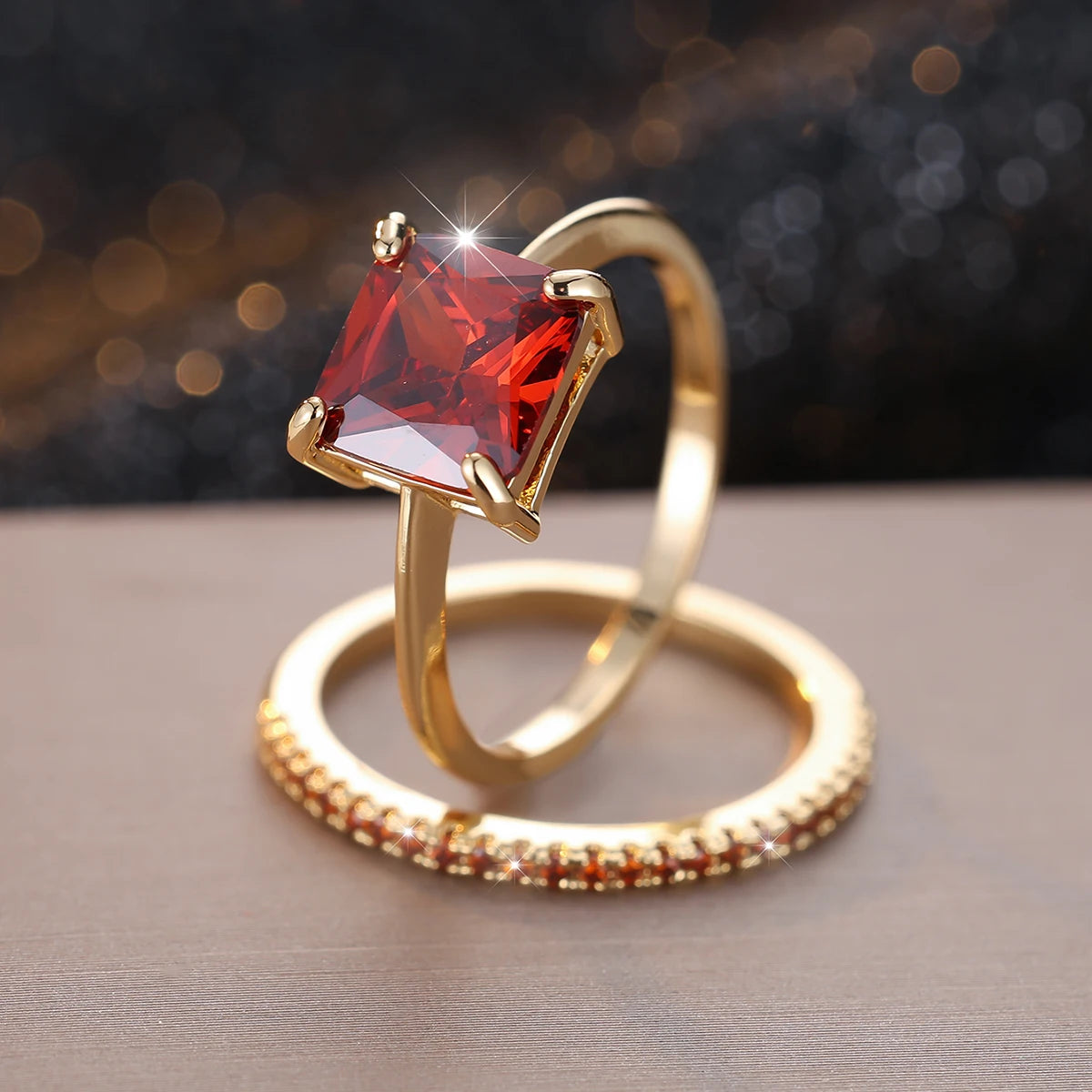 Princess Cut Red Green Stone Square Zircon Bridal Wedding Sets Gold Color Stacking Engagement Rings For Women Mothers Day Gifts