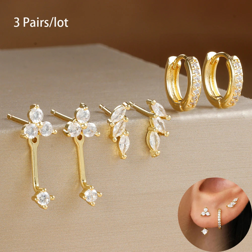 6PCS Exquisite Green Zircon Hoop Earrings Set Gold Plated Piercing