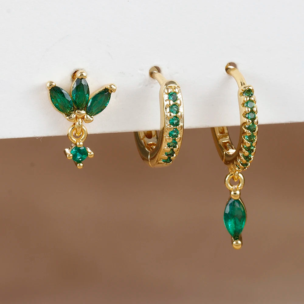 3PCS Gold Plated Chain Zircon Hanging Earrings Stainless Steel Flower
