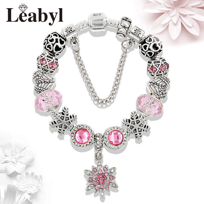 Romantic Pink Heart Charm Bracelet Fine Crystal DIY Bead Bangle Gift