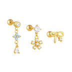 3PCS Stainless Steel Blue Opal Stone Flower Bowknot Petal Piercing