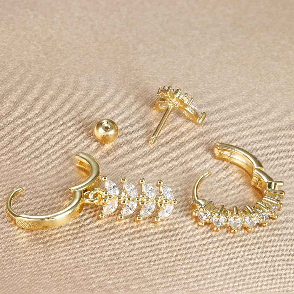 3PCS Zircon Leaf Hoop Earrings Set Stainless Steel Butterfly Studs