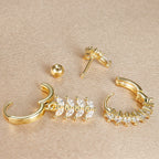 3PCS Zircon Leaf Hoop Earrings Set Stainless Steel Butterfly Studs