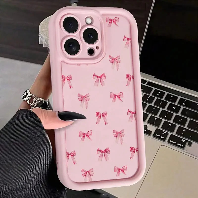 Gentle Pink Bow Soft Case for iPhone 16 17 15 14 13 12 11 Pro Max Plus SE