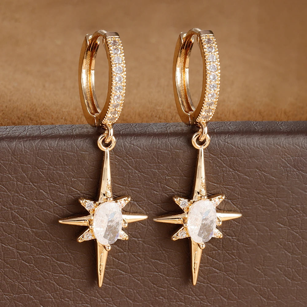 Luxury Crystal Zirconia Star Hoop Earrings Gold Plated Geometric