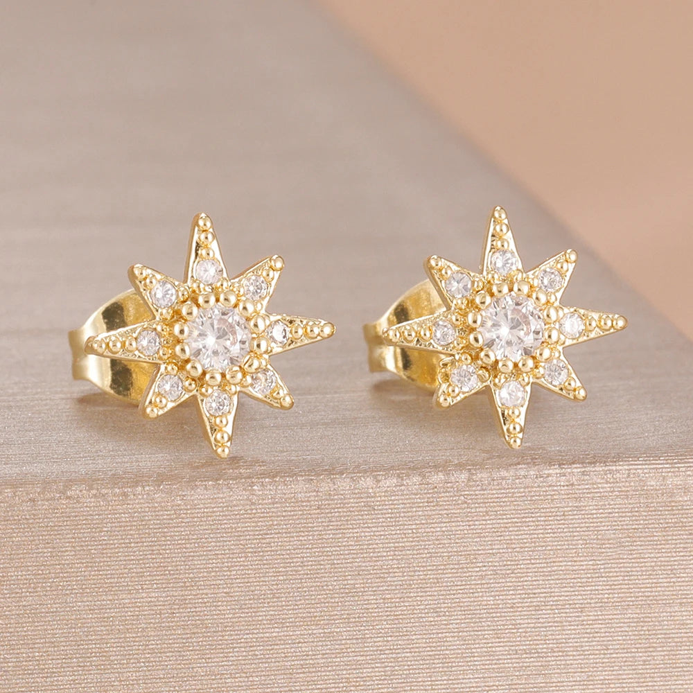 2PCS Fashion Geometry Zirconia Twinkle Star Stud Earrings Shinny