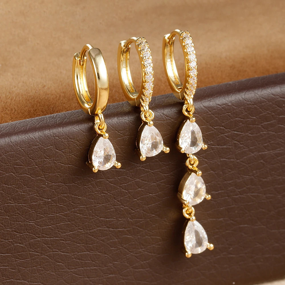 3PCS Stainless Steel Water Drop Hoop Earrings 18K Gold Plated Zirconia