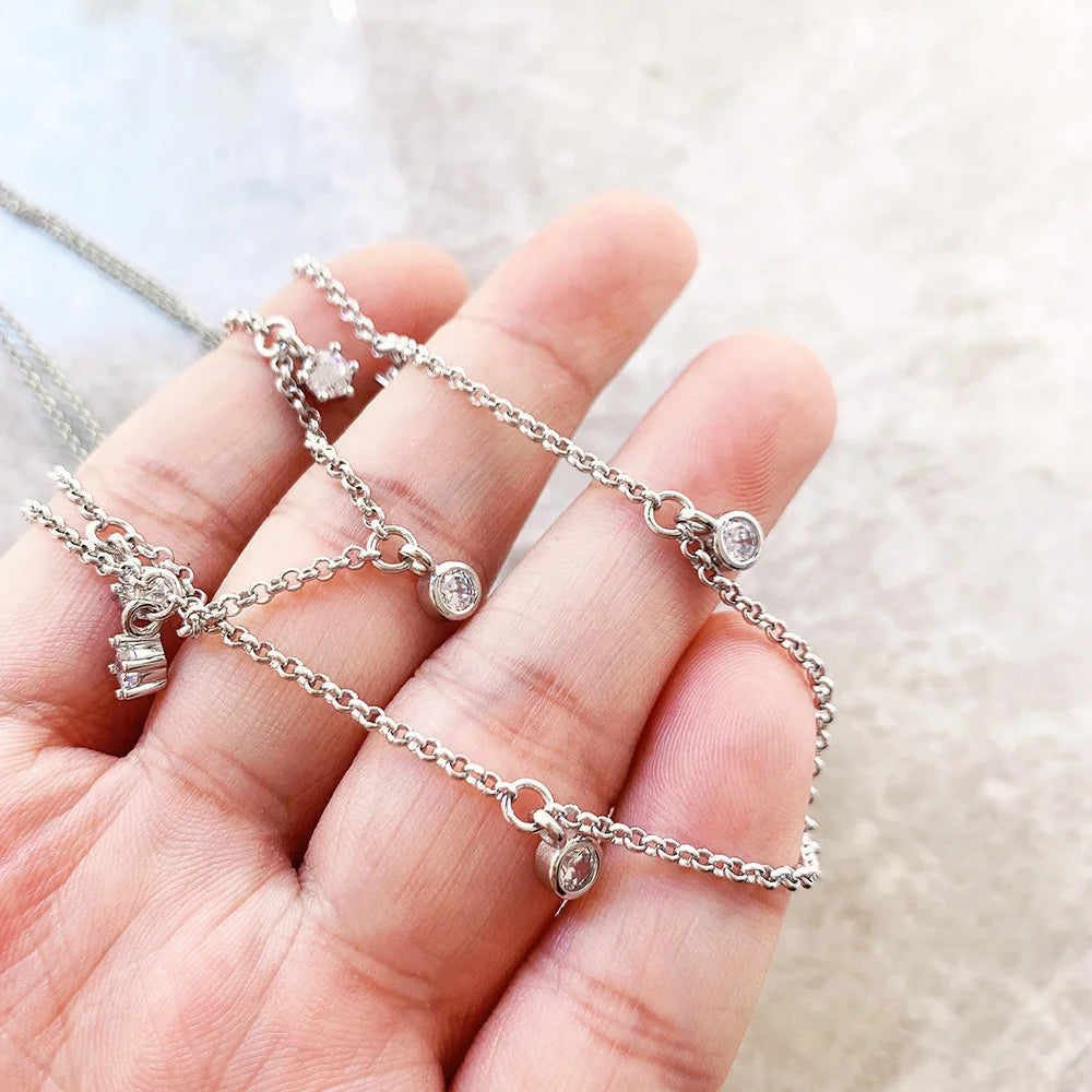 Double Row Necklace White Stones Layer Link Chain 925 Sterling Silver Gift