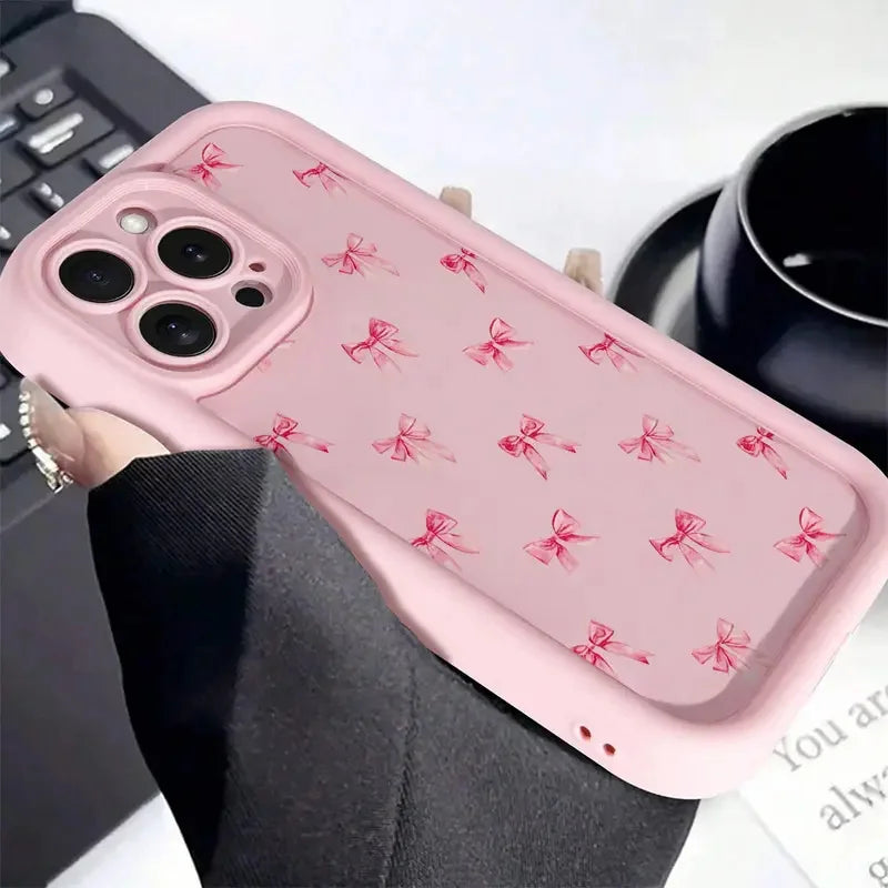 Gentle Pink Bow Soft Case for iPhone 16 17 15 14 13 12 11 Pro Max Plus SE