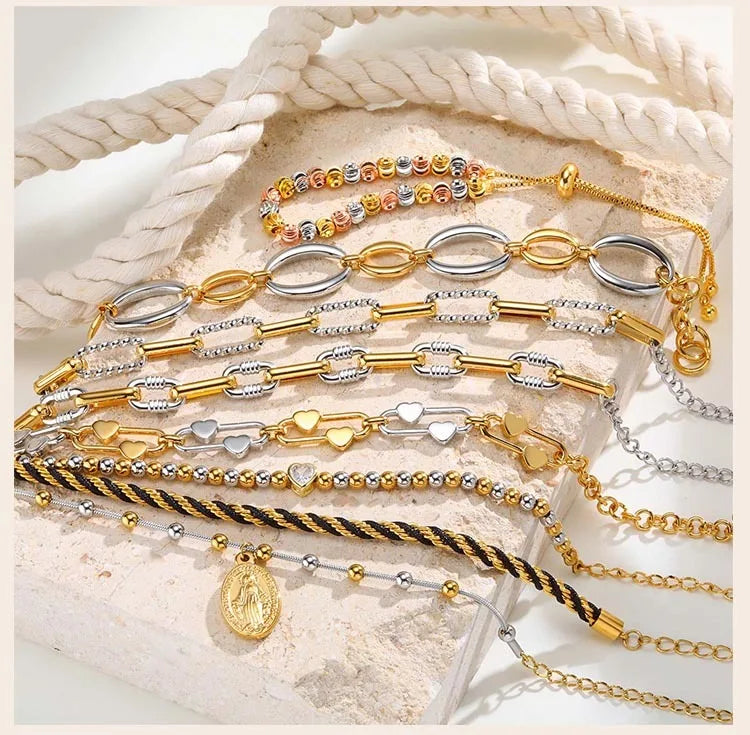 Two Tone Chain Bracelet for Women, Chunky Mixed Metal Link, Stainless Steel Waterproof Jewelry, Stylish Adjustable Wristband