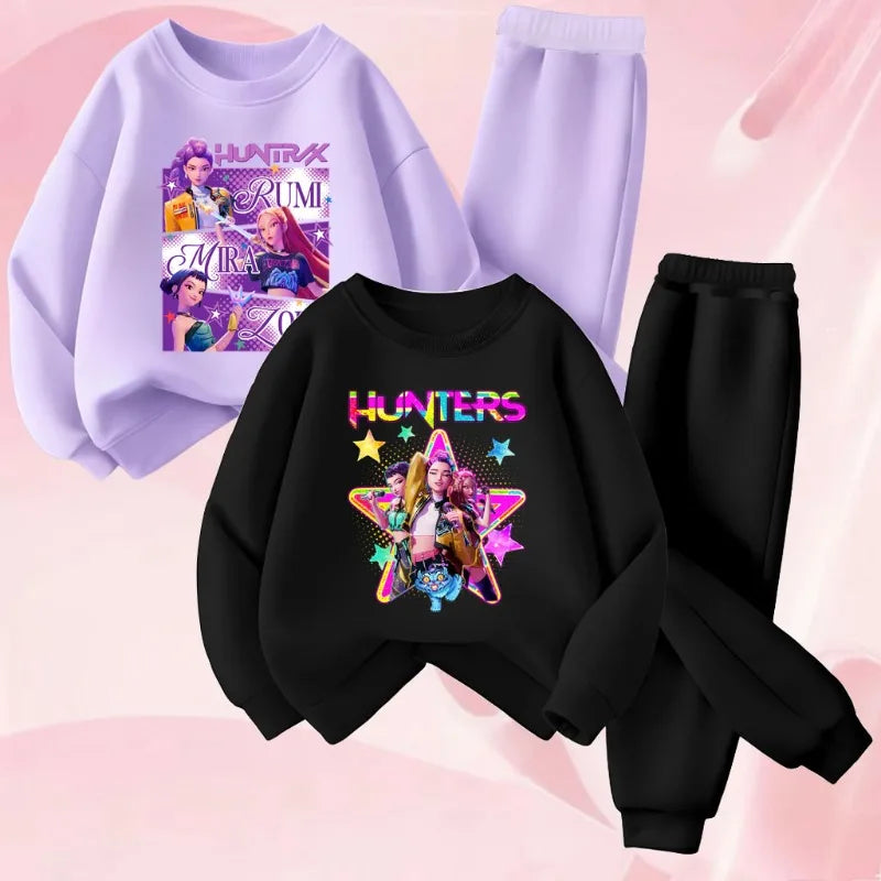 K-pop Girls Cartoon Print Hoodie and Joggers 2-Piece Set Casual Tracksuit