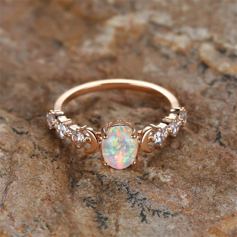 Rainbow White Fire Opal Ring Silver Rose Gold Color Small Moon Rings For Women Wedding Bands Oval Stone Engagement Ring Jewelry