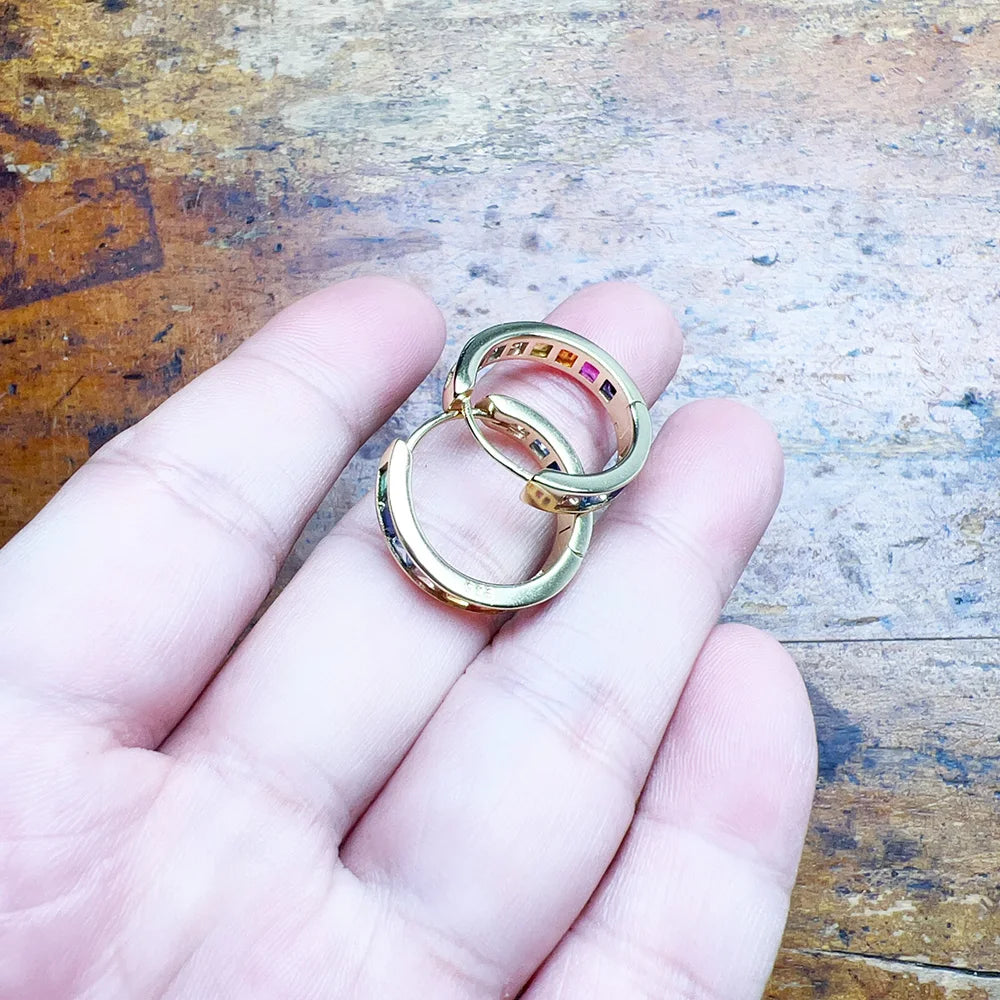 Gold Hinged Hoop Earrings Sparkling Rainbow 925 Sterling Silver Bohemia
