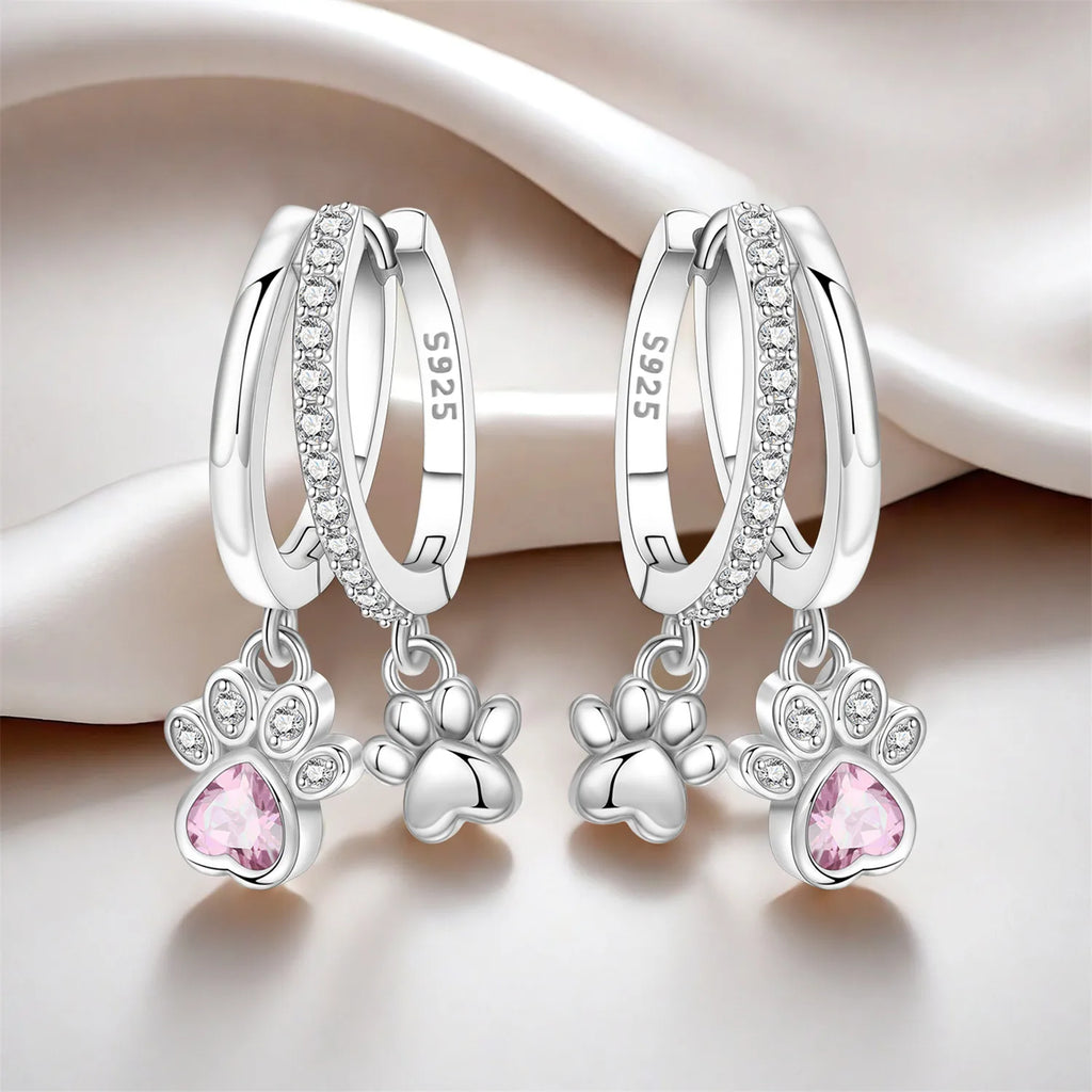925 Sterling Silver Double Layer Pet Paw Print Drop Earrings Fashion Gift