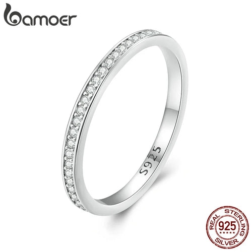 BAMOER Moissanite Wedding Band 925 Sterling Silver Eternity Rings Platinum Plated Lab Created Diamond Stackable Ring for Women