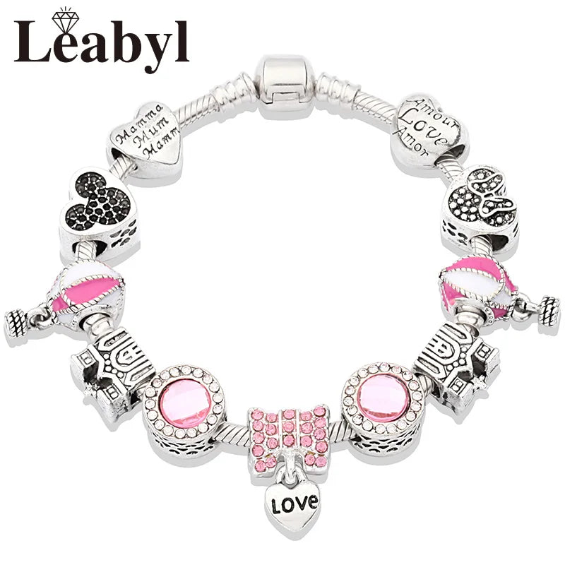 Pink Crystal Bead Charm Bracelet Colourful Enamel Handmade DIY Jewellery