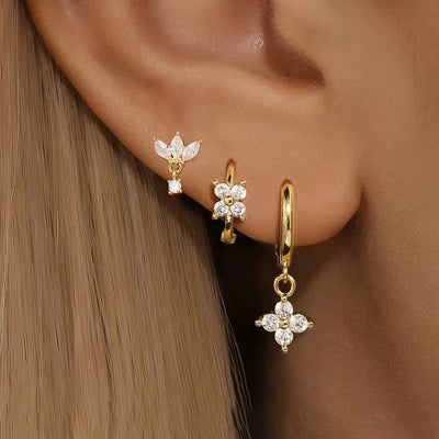 3PCS Stainless Steel Zircon Flower Hoop Earrings Gold Plated Huggies
