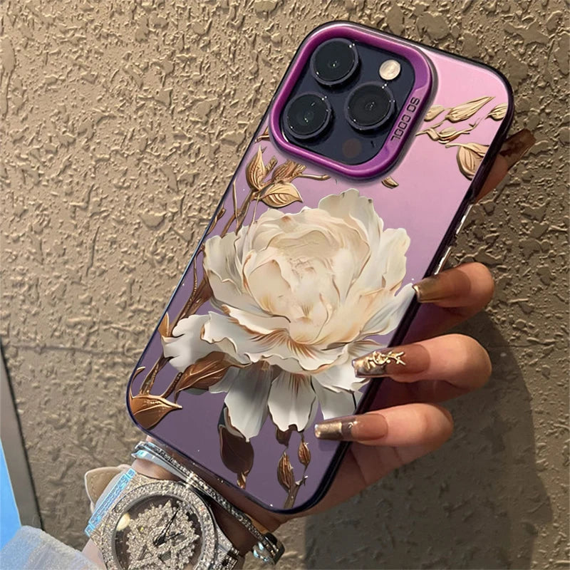 Gold Lotus Silver IMD Case for iPhone 16 15 14 13 12 11 Pro Max